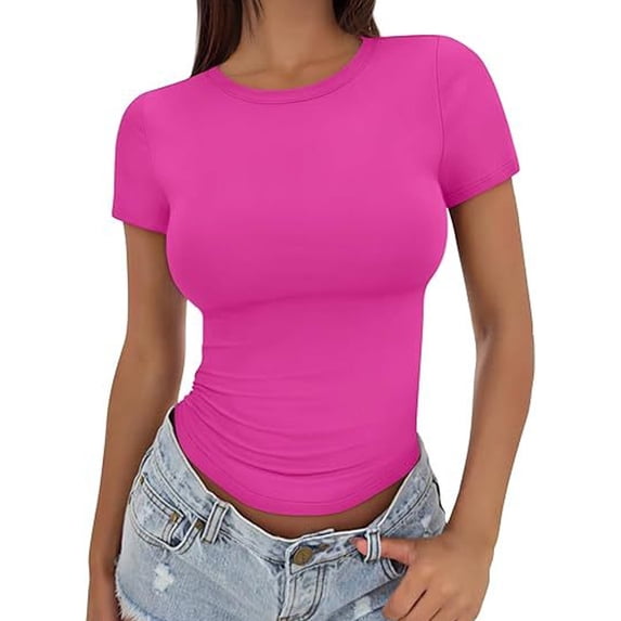 Women's Summer Slim-Fit Cropped T-Shirt — Solid Color, High-Stretch, Versatile, Crew Neck, Fitted Short-Sleeve Top