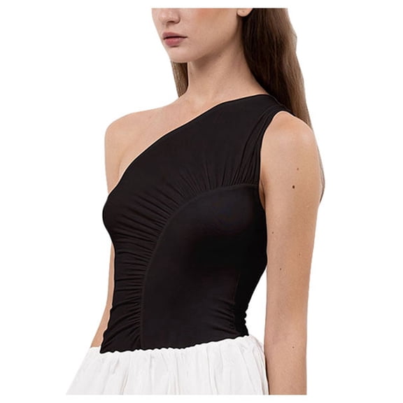 Women's Summer Slim Fit One Shoulder Pleated Solid Color T Shirt Top