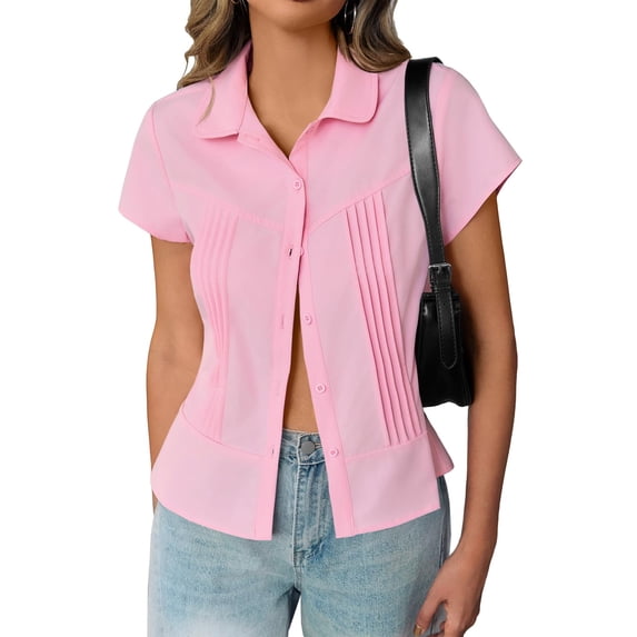 Women's Summer Slim Fit Pleated Blouse - Short Sleeve Button Down Shirt Casual Dressy Tops