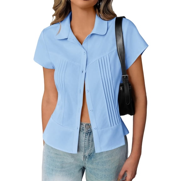 Women's Summer Slim Fit Pleated Blouse - Short Sleeve Button Down Shirt Casual Dressy Tops