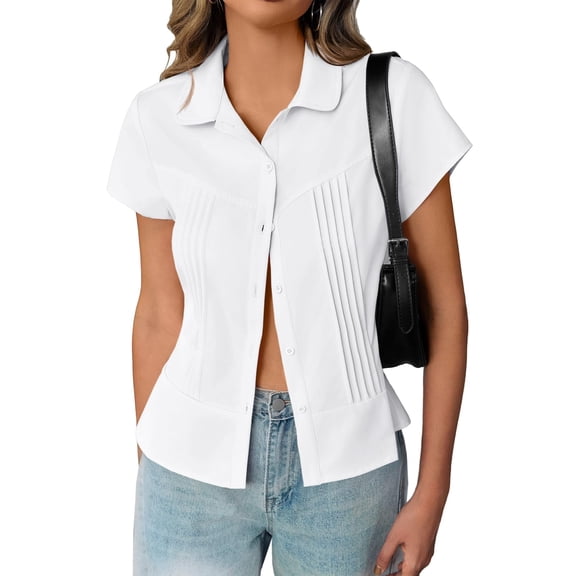 Women's Summer Slim Fit Pleated Blouse - Short Sleeve Button Down Shirt Casual Dressy Tops