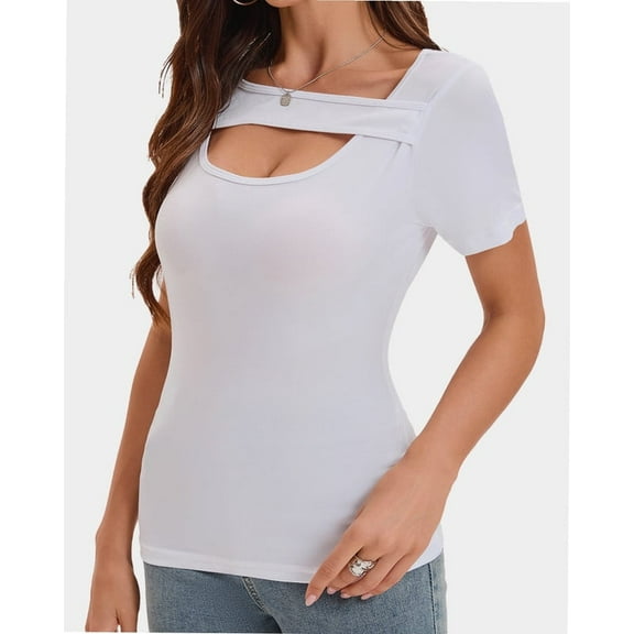 Women's Scoop Neck T-Shirt - Short Sleeve Summer Knit Top, Slim Fit with Cutout Detail, Casual & Date Night