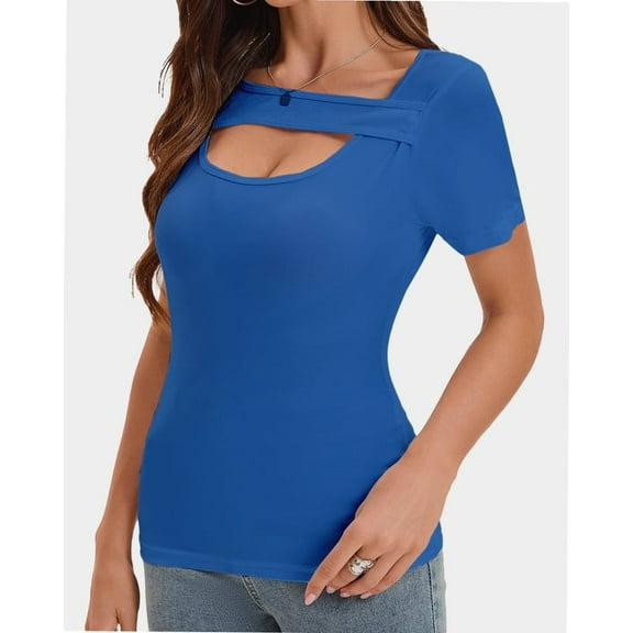 Women's Scoop Neck T-Shirt - Short Sleeve Summer Knit Top, Slim Fit with Cutout Detail, Casual & Date Night