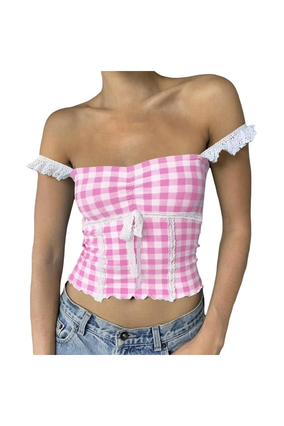 Women's Summer Slim Sling Vest Sleeveless Backless Lace Trim Plaid Crop Tops