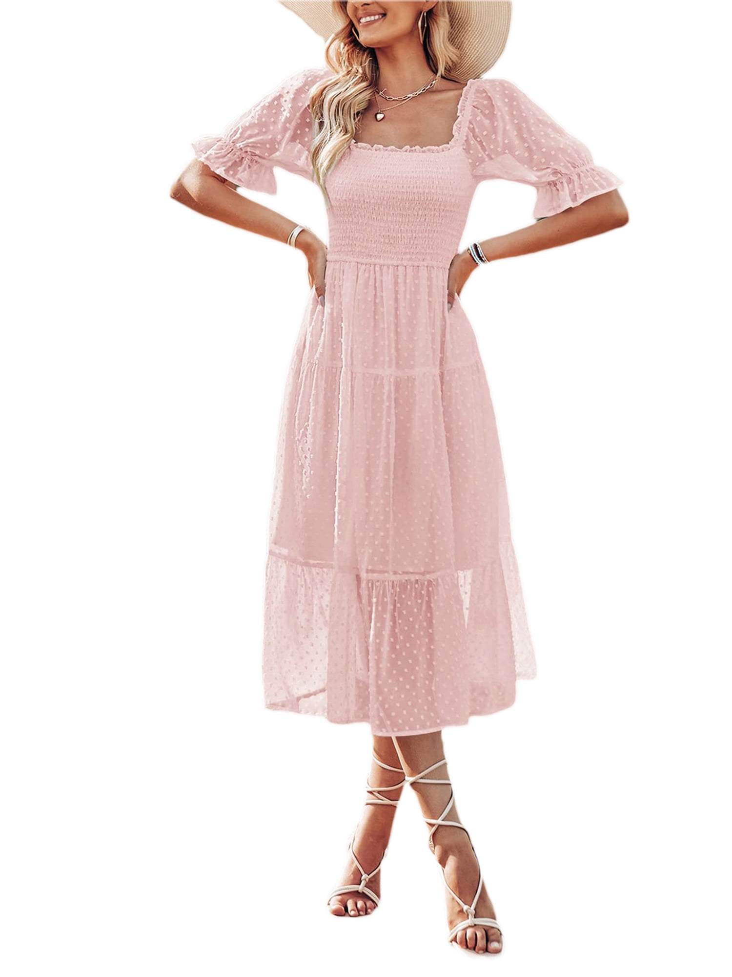 COTRIO Long Sleeve Dress for Women Square Neck Smocked Maxi Dress
