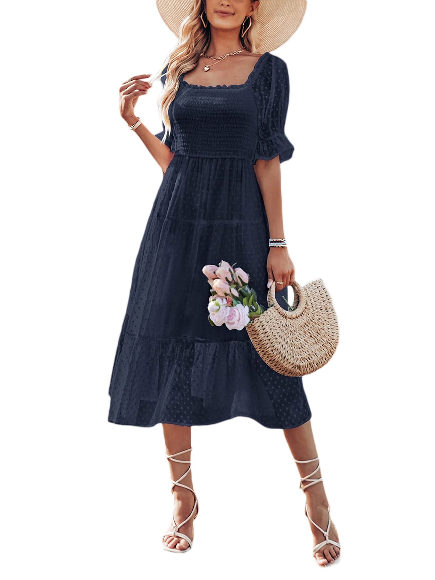 COTRIO Long Sleeve Dress for Women Square Neck Smocked Maxi Dress