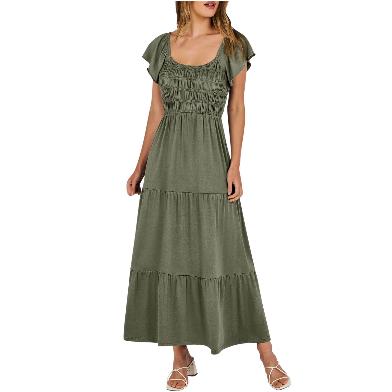 Women's Summer Smocked Dress Ruffled Cap Sleeve Square Neck A Line Maxi ...