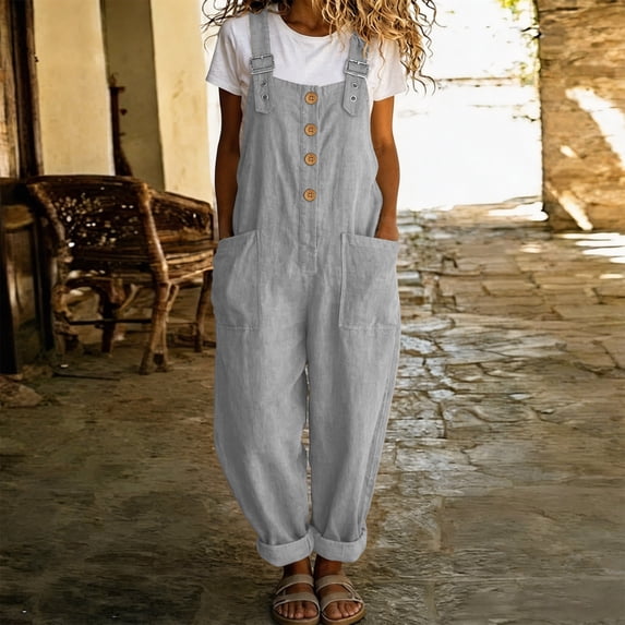 Women's Summer Solid Casual Sleeveless Suspender Jumpsuit with Pockets