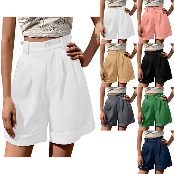 Women's Summer Solid Color Casual Commuting Pleated Elegant Work Pants With Side Pockets Business Outfits Athletic Stretchy Going Out Everyday Shorts
