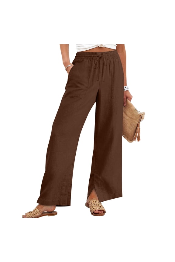 Women's Summer Solid Color Cotton Linen Straight Pants Split Hem with Adjustable Drawstring Loose Casual Flowy Wide Leg Pants with Pockets Brown