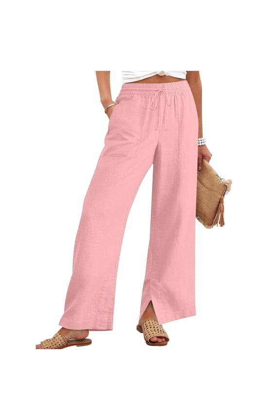 Women's Summer Solid Color Cotton Linen Straight Pants Split Hem with Adjustable Drawstring Loose Casual Flowy Wide Leg Pants with Pockets Pink