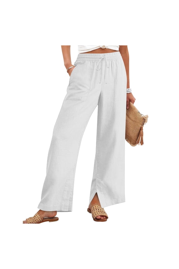 Women's Summer Solid Color Cotton Linen Straight Pants Split Hem with Adjustable Drawstring Loose Casual Flowy Wide Leg Pants with Pockets White