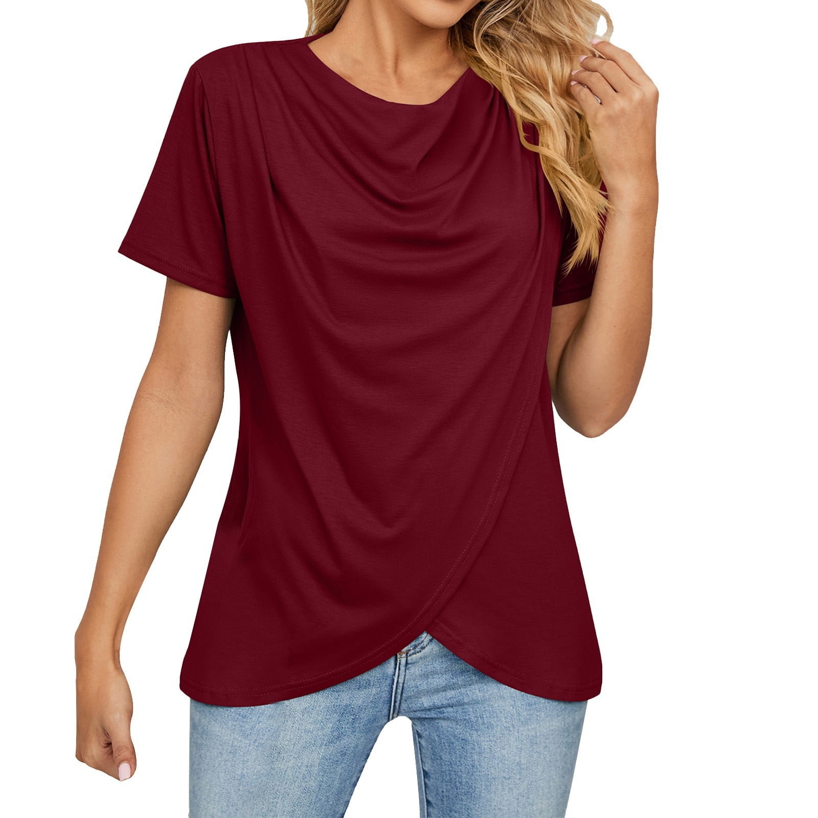 Women's Summer Solid Color Crew Neck Drape Neck Short Sleeve T Shirt Casual  Fashion Top 