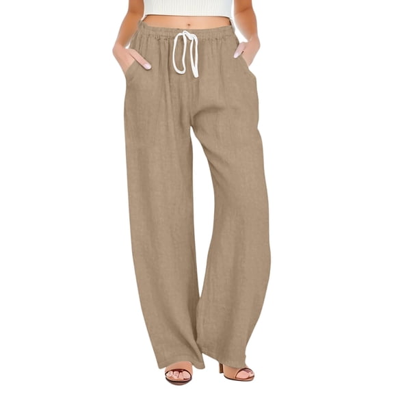 Women's Summer Solid Color Drawstring Waist Wide Leg Loose Pants With Pockets Khaki XL