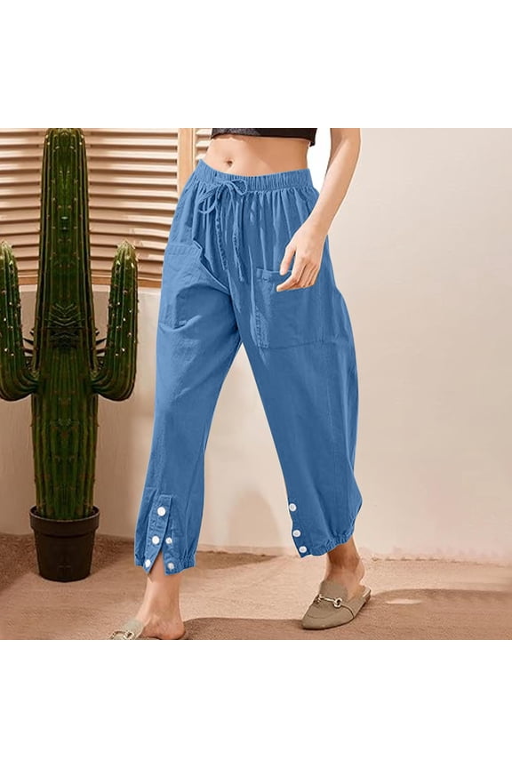 Women's Summer Solid Color Elastic Waist Drawstring Pockets Button Slit Trousers - Stylish Long Pants