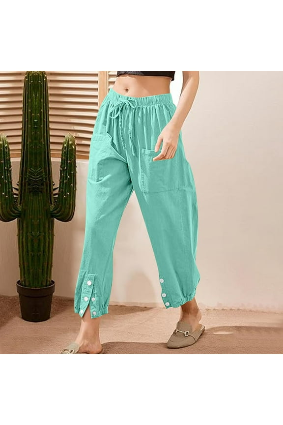 Women's Summer Solid Color Elastic Waist Drawstring Pockets Button Slit Trousers - Stylish Long Pants