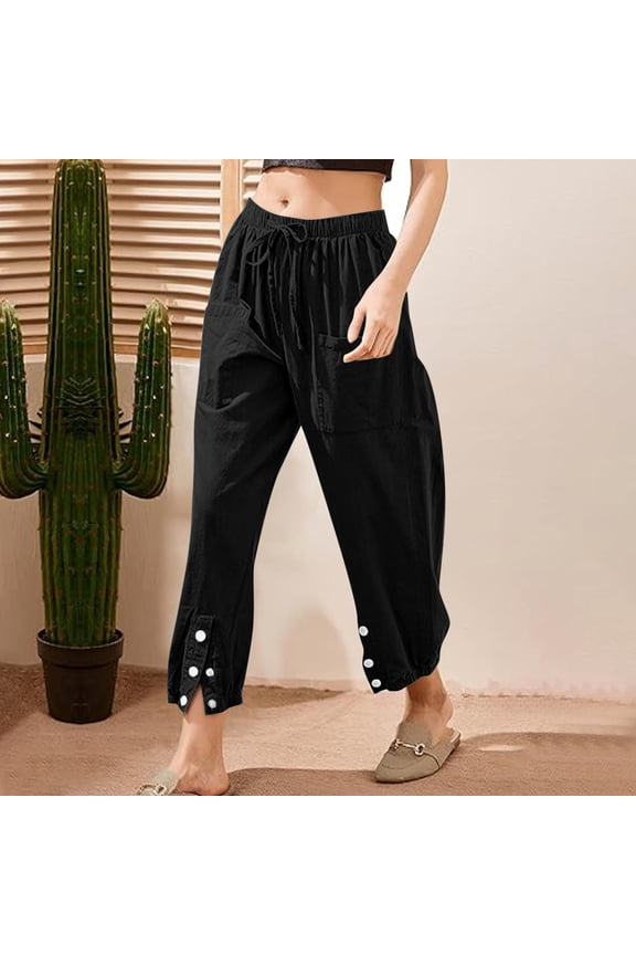 Women's Summer Solid Color Elastic Waist Drawstring Pockets Button Slit Trousers - Stylish Long Pants