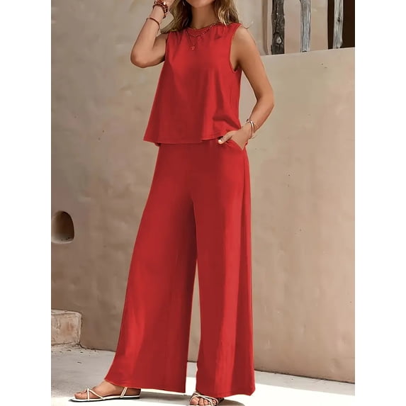 Women's Summer Solid-Color Elegant Two-Piece Set: Crew Neck Tank Top and Wide-Leg Pants