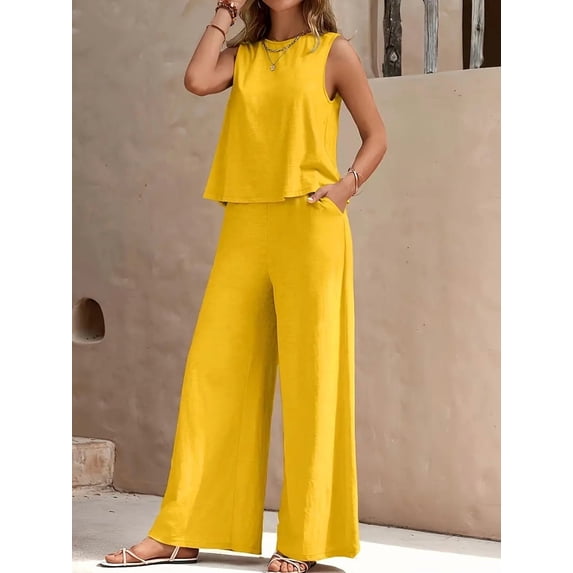 Women's Summer Solid-Color Elegant Two-Piece Set: Crew Neck Tank Top and Wide-Leg Pants
