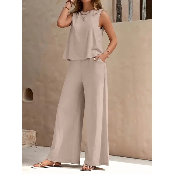 Women's Summer Solid-Color Elegant Two-Piece Set: Crew Neck Tank Top and Wide-Leg Pants