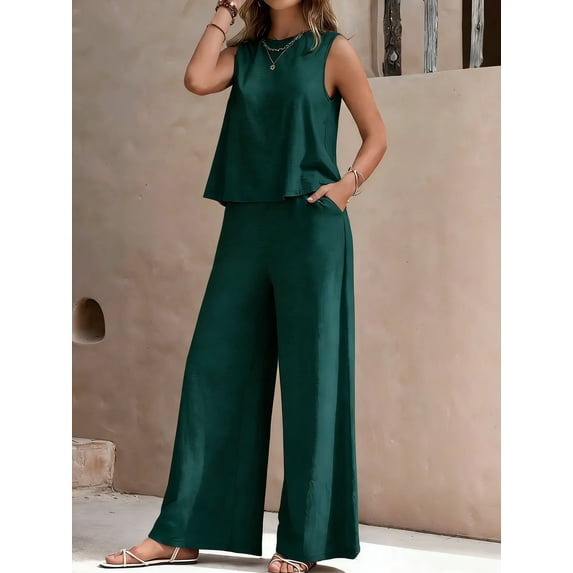 Women's Summer Solid-Color Elegant Two-Piece Set: Crew Neck Tank Top and Wide-Leg Pants