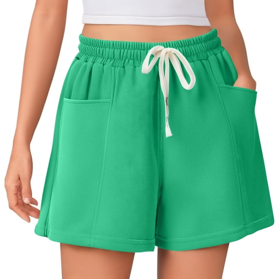 Women's Summer Solid Color High Waist Casual Sports Shorts with Adjustable Drawstring, Comfortable Lightweight Fabric for Athletic Leisure, Perfect for Walking, Travel or Daily Errands,Dark Green S