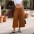 thumbnail image 1 of Women's Summer Solid Color High Waist Wide Leg Cropped Linen Pants, Casual Beach Trousers with Pockets, Relaxed Fit for Daily Wear Coffee L, 1 of 10