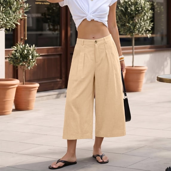 Women's Summer Solid Color High Waist Wide Leg Cropped Linen Pants, Casual Beach Trousers with Pockets, Relaxed Fit for Daily Wear Khaki M