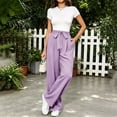 thumbnail image 1 of Women's Summer Solid Color High Waisted Bow Tie Belt Wide Leg Straight Pants, Casual Business Trousers for Office or Weekend, Breathable Lightweight Fabric Light Violet M, 1 of 9
