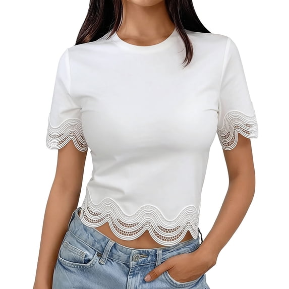 Women's Summer Solid Color Lace Short Sleeve Crew Neck T-Shirt Top
