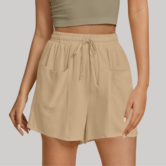 Women's Summer Solid Color Linen High Waist Drawstring Shorts Stylish Loose Fit Beach Shorts With Pockets For Casual And Vacation Wear Bathing Suit Boy Shorts for Women Cut off Shorts Women Shorts for