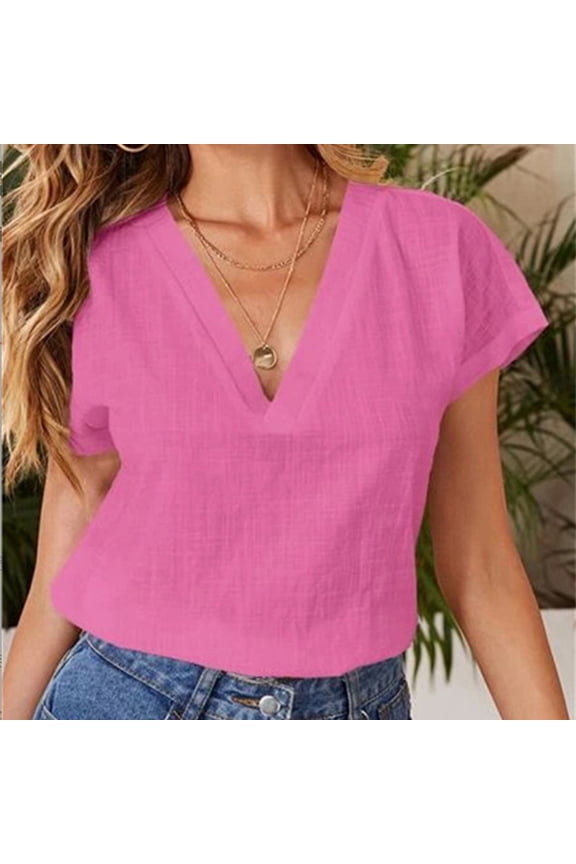 Women's Summer Solid Color Linen Loose Half Sleeve V Neck Blouse Cute Long Sleeve T Shirt Women Striped Three Quarter Sleeve Shirt Burnout Tees for Women Business Shirt Women Button down Blouses for