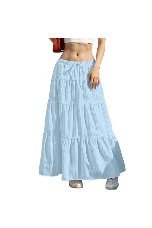 Women's Summer Solid Color Long Pleated A-Line Midi Skirt with Elastic Waist Adjustable Drawstring Lightweight Breathable Fabric for Casual & Dressy Outfits