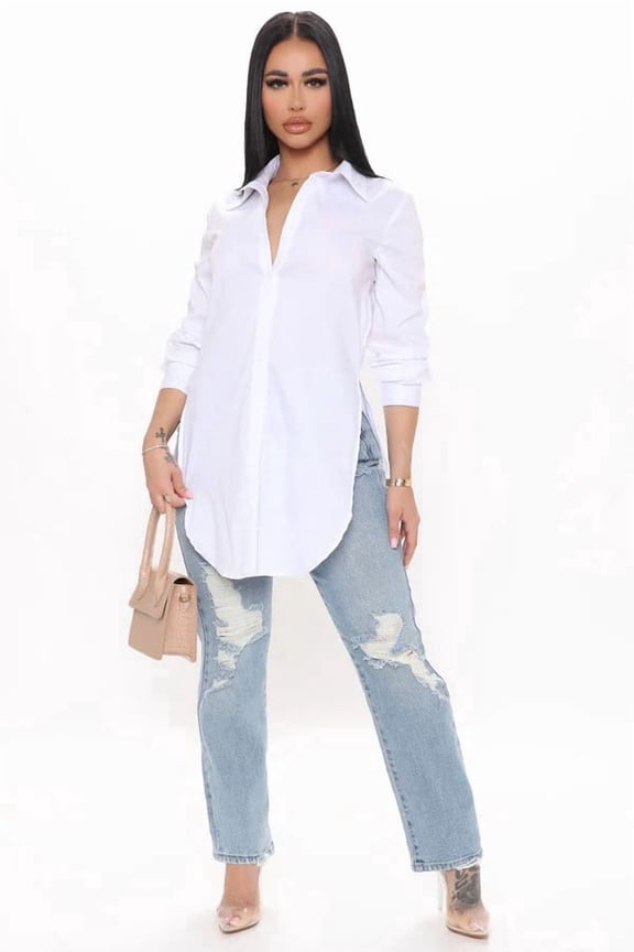 Women's Summer Solid Color Long Sleeve Shirt Front Button Asymmetrical Slit Hem Casual Loose Tee Top