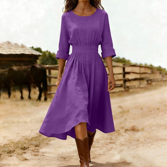 Women's Summer Solid Color Round Neck Long Dress