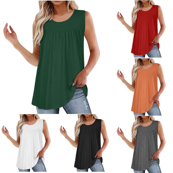 Women's Summer Solid Color Round Neck Pleated Tunic Top Blouse, Lightweight Breathable Loose Fit Casual Shirt for Beach Vacation Holiday | CSEONE,Gray L