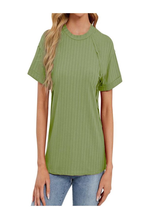 Women's Summer Solid Color Round Neck Stripe Short Sleeved With Outward Facing