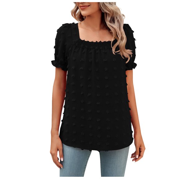 Women's Summer Solid Color Short Sleeve Chiffon Blouse, Square Neck with Pleated Details and Large Pom-Pom, Casual and Stylish T-Shirt for Warm Weather, Comfortable and Versatile Top for Everyday
