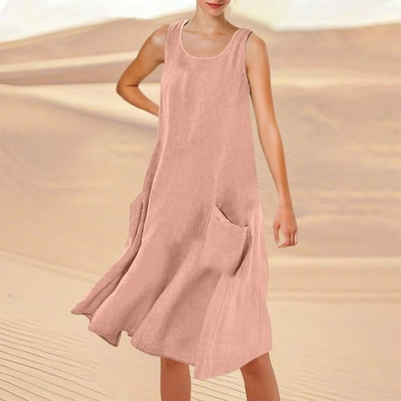 Women's Summer Solid Color Sleeveless Knee Length Beach Dress Casual Round Neck With Pockets For Vacation Travel And Daily Wear Casual Summer Beach Dress Short Sleeve Summer Dress Summer Mini Dress