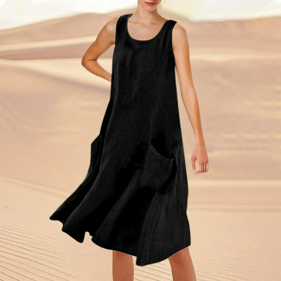 Women's Summer Solid Color Sleeveless Knee Length Beach Dress Casual Round Neck With Pockets For Vacation Travel And Daily Wear Casual Summer Beach Dress Short Sleeve Summer Dress Summer Mini Dress
