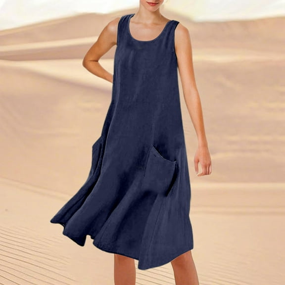 Women's Summer Solid Color Sleeveless Knee Length Beach Dress Casual Round Neck With Pockets For Vacation Travel And Daily Wear Casual Summer Beach Dress Short Sleeve Summer Dress Summer Mini Dress