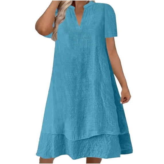 Women's Summer Solid Color V Neck Short Sleeve A Line Midi Dress Casual Layered Hem for Beach Sky Blue