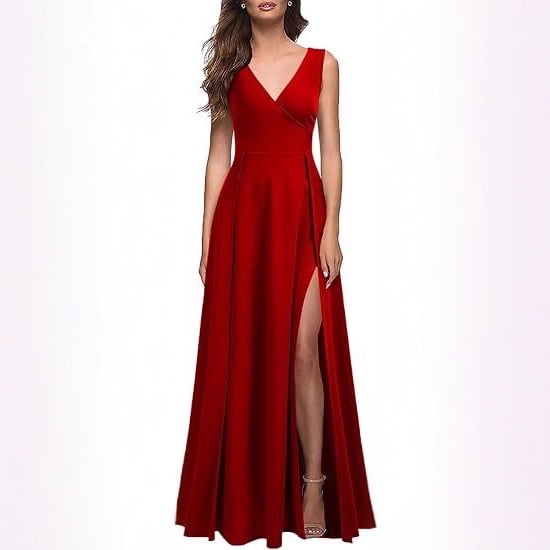 Women's Summer Solid-Color V-Neck Sleeveless Elegant Long Evening Gown
