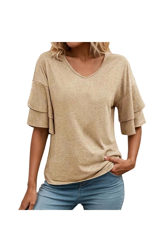 Women's Summer Solid Color V Neck Tee With Double Layer Flared Mid Sleeves Casual Loose Fit Top