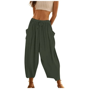Women's Summer Solid Color Womens Work Pants office Casual Stretch Wide Leg Loose Drawstring Casual Pants for Women Summer Low Waist Beach Pants Womens Striped Pants Casual Pocket Casual Pants