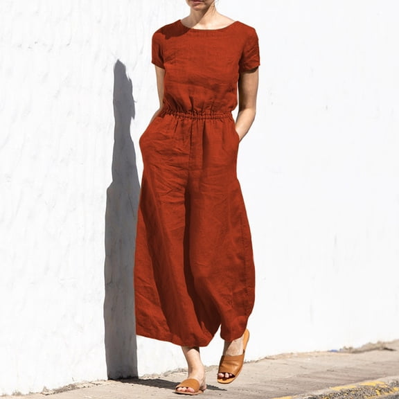 Women's Summer Solid High Waist Short Sleeve Wide Leg Jumpsuit Casual Loose Fit Pantsuit Long Sleeve Bodysuit Women Pocket Short Sleeve Tie Neck Jumpsuit Long Body Suits for Women Dressy Bodysuits