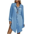 thumbnail image 1 of Women's Summer Solid Long Sleeve Mini Shirt Dresses Lapel Single-breasted Casual Loose Blouse Short Dress for Women, 1 of 7