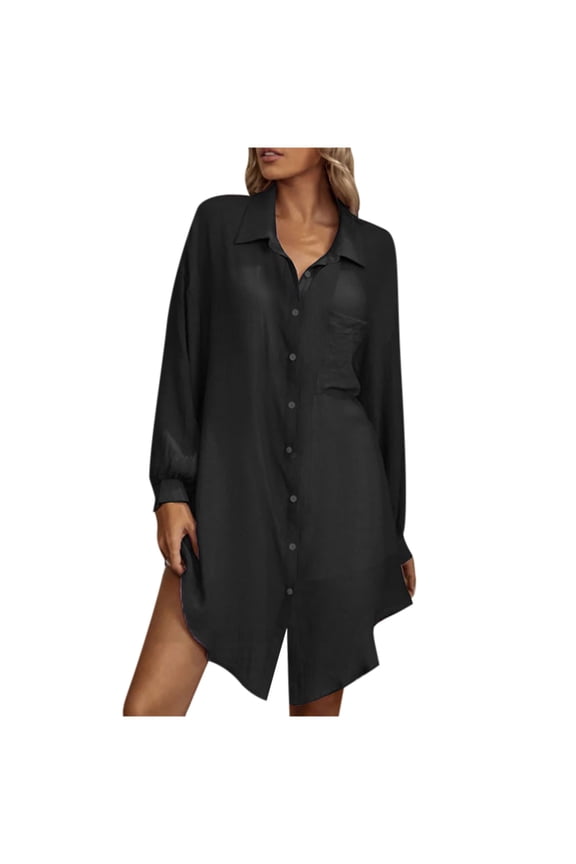 Women's Summer Solid Long Sleeve Mini Shirt Dresses Lapel Single-breasted Casual Loose Blouse Short Dress for Women