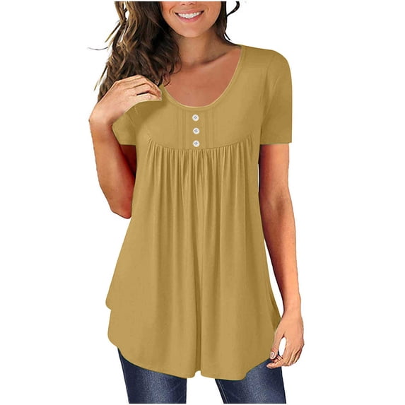 Women's Summer Solid Round Neck Button Pleated Short Sleeve Tops