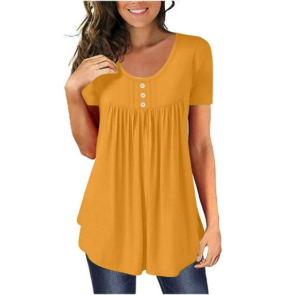 Women's Summer Solid Round Neck Button Pleated Short Sleeve Tops